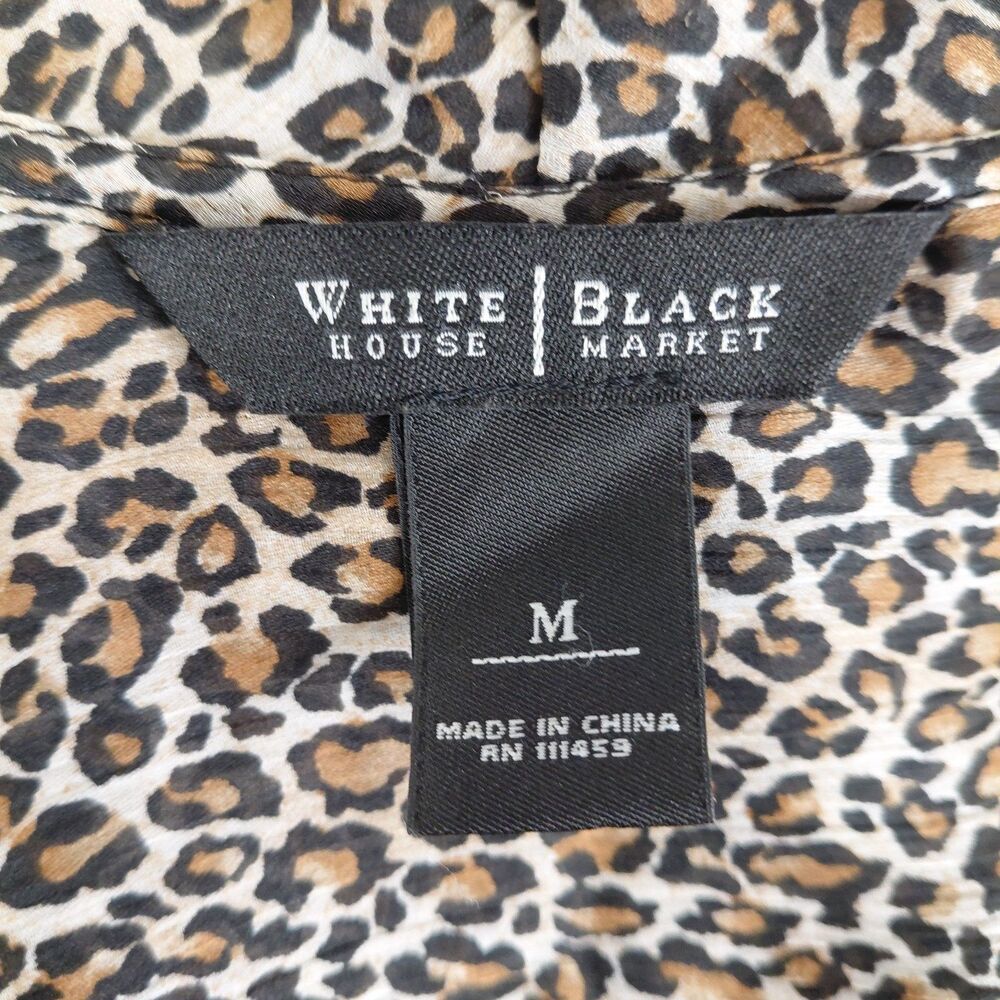 White House Black Market Shear SS V-Neck Blouse Leopard Tie-Front Sz M - Picture 9 of 10